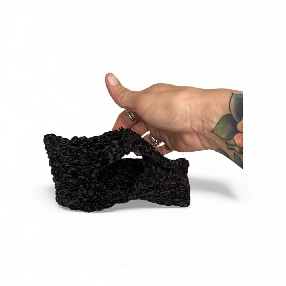 Cozy Black Knitted Headband Hair-Through Opening, Warm Winter Ear Warmer